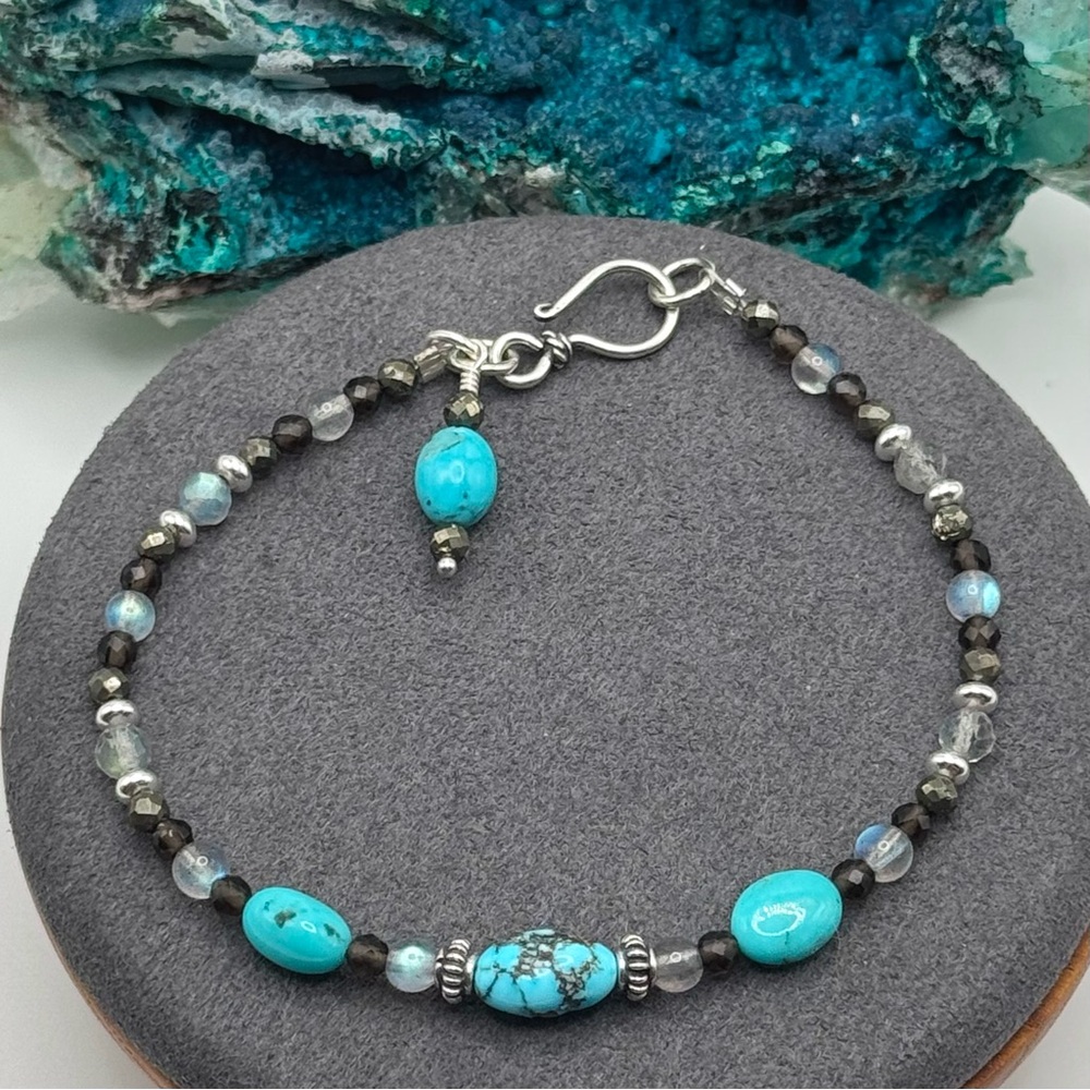 🩵REFINED Turquoise Labradorite Pyrite Smoky Quartz Sterling Bracelet🩵